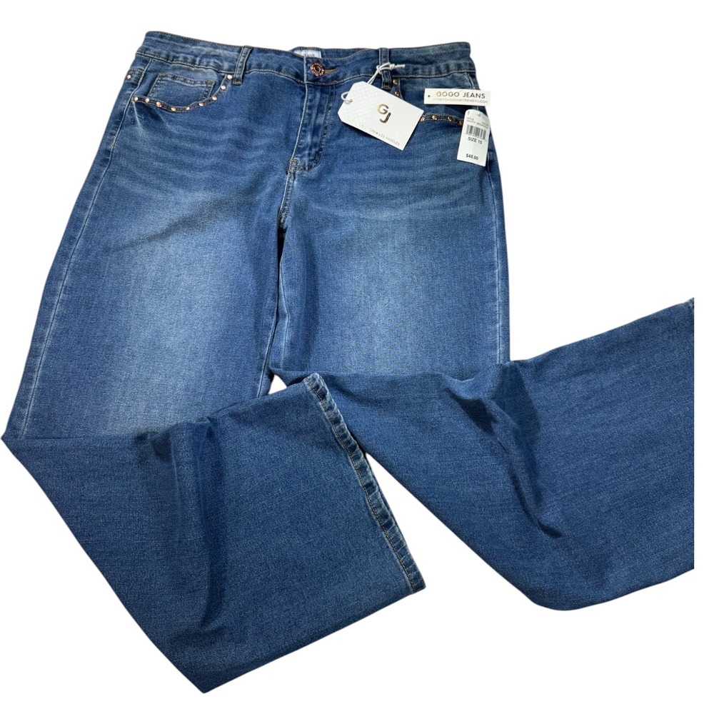 Gogo Jeans Womens Size 15 Blue Medium Wash Studded High Rise Wide Leg NWT